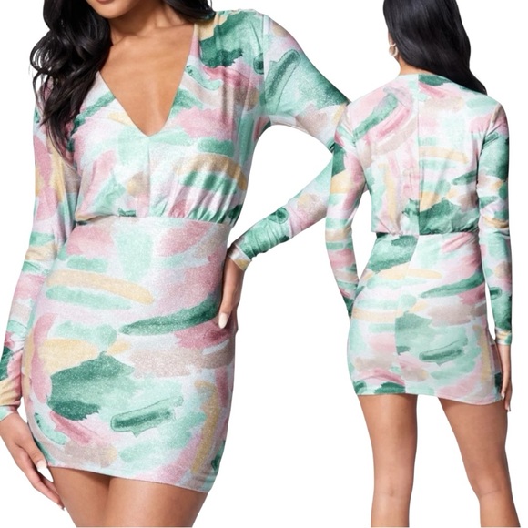 bebe Printed Blouson Lurex Mini Dress NWT Size M - Picture 1 of 9